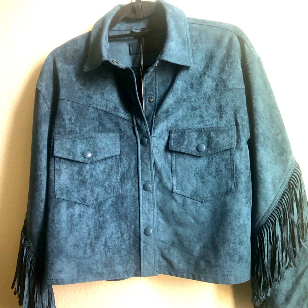 Blank NYC Teal Faux Suede Shirt Jacket w/Fringe sz Small free shipping